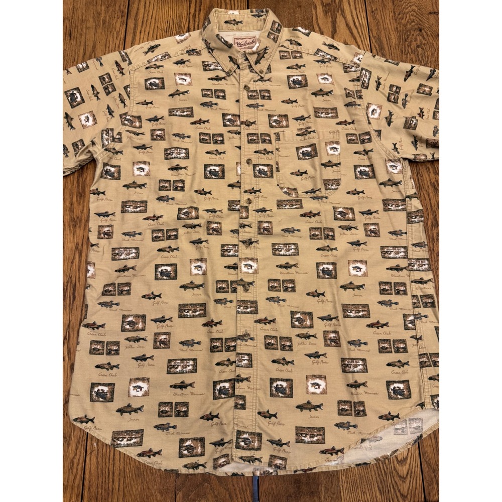 Woolrich Short Sleeve Button Down Shirt Mens XL Tall Tan Fishing AOP Outdoors